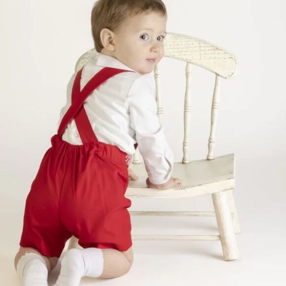 NWT Luli & Me Baby Boys Timeless Bliss Smocked Bubble - White & Red - Picture 2 of 5